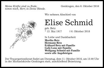 Anzeige von Elise Schmid von Reutlinger Generalanzeiger