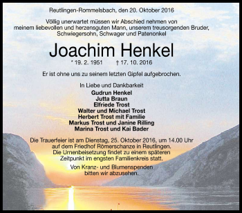 Anzeige von Joachim Henkel von Reutlinger Generalanzeiger