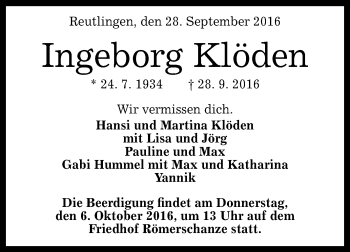 Anzeige von Ingeborg Klöden von Reutlinger Generalanzeiger