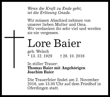 Anzeige von Lore Baier von Reutlinger Generalanzeiger