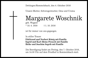 Anzeige von Margarete Woschnik von Reutlinger Generalanzeiger