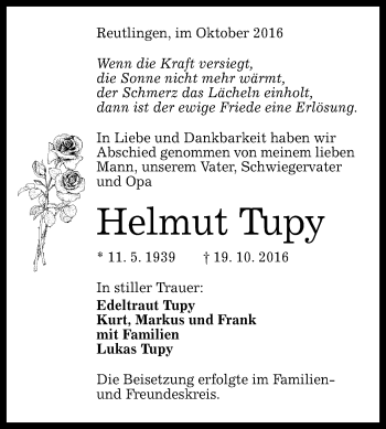 Anzeige von Helmut Tupy von Reutlinger Generalanzeiger