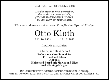 Anzeige von Otto Kloth von Reutlinger Generalanzeiger