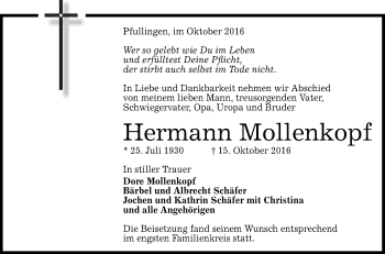 Anzeige von Hermann Mollenkopf von Reutlinger Generalanzeiger