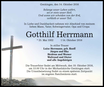 Anzeige von Gotthilf Herrmann von Reutlinger Generalanzeiger