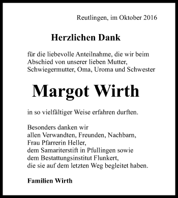 Anzeige von Margot Wirth von Reutlinger Generalanzeiger