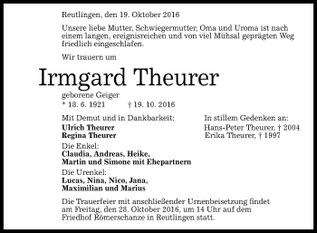 Anzeige von Irmgard Theurer von Reutlinger Generalanzeiger