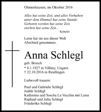 Anzeige von Anna Schlegl von Reutlinger Generalanzeiger