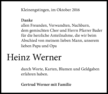 Anzeige von Heinz Werner von Reutlinger Generalanzeiger