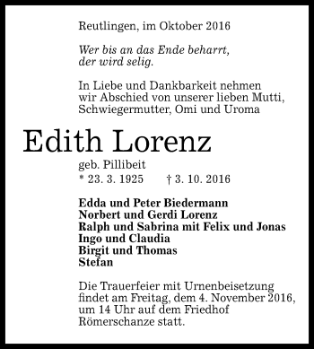 Anzeige von Edith Lorenz von Reutlinger Generalanzeiger