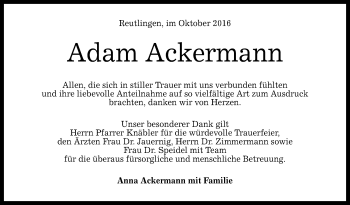 Anzeige von Adam Ackermann von Reutlinger Generalanzeiger