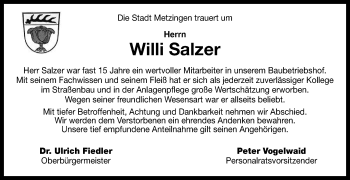 Anzeige von Willi Salzer von Reutlinger Generalanzeiger
