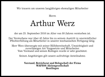 Anzeige von Arthur Werz von Reutlinger Generalanzeiger