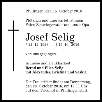 Anzeige von Josef Selig von Reutlinger Generalanzeiger