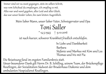 Anzeige von Toni Saller von Reutlinger Generalanzeiger