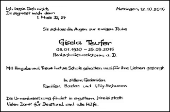 Anzeige von Gisela Teufer von Reutlinger Generalanzeiger