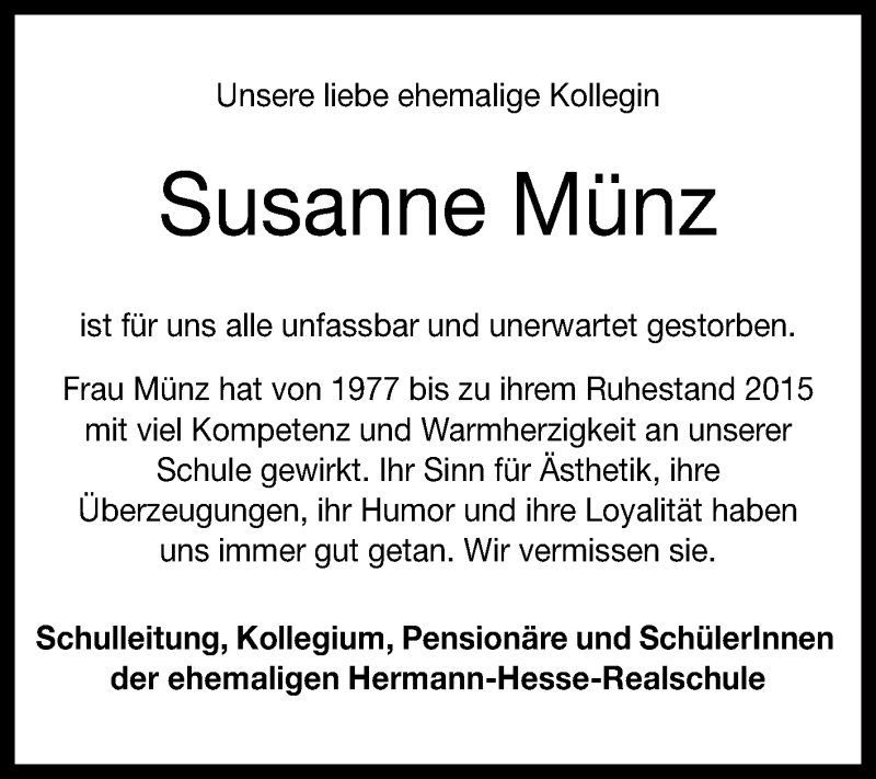  Traueranzeige für Susanne Münz vom 06.10.2016 aus Reutlinger Generalanzeiger