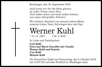 Anzeige von Werner Kuhl von Reutlinger Generalanzeiger