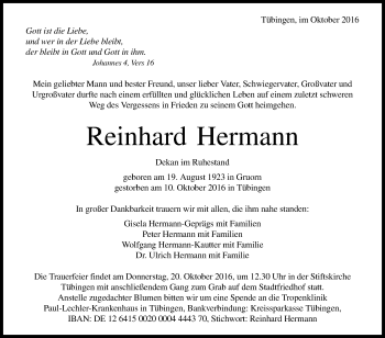 Anzeige von Reinhard Hermann von Reutlinger Generalanzeiger