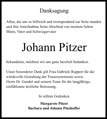 Anzeige von Johann Pitzer von Reutlinger Generalanzeiger