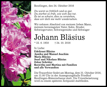 Anzeige von Johann Bläsius von Reutlinger Generalanzeiger