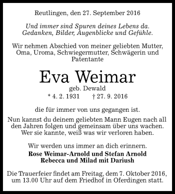 Anzeige von Eva Weimar von Reutlinger Generalanzeiger