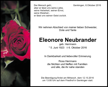 Anzeige von Eleonore Neubrander von Reutlinger Generalanzeiger