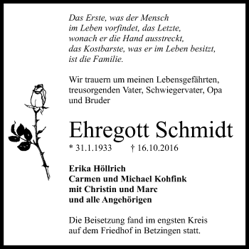 Anzeige von Ehregott Schmidt von Reutlinger Generalanzeiger