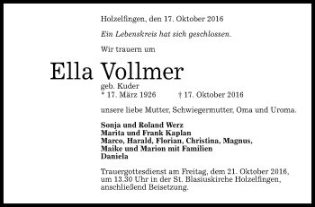 Anzeige von Ella Vollmer von Reutlinger Generalanzeiger