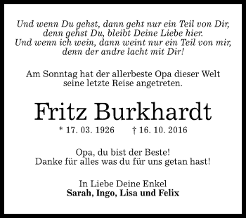 Anzeige von Fritz Burkhardt von Reutlinger Generalanzeiger