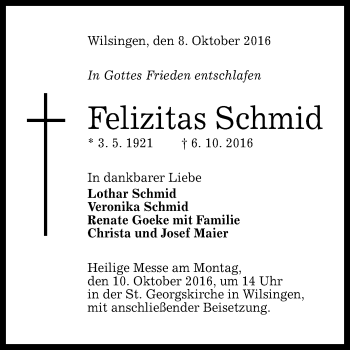 Anzeige von Felizitas Schmid von Reutlinger Generalanzeiger