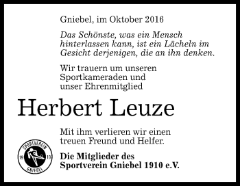 Anzeige von Herbert Leuze von Reutlinger Generalanzeiger