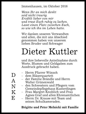 Anzeige von Dieter Kuttler von Reutlinger Generalanzeiger