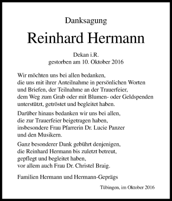 Anzeige von Reinhard Hermann von Reutlinger Generalanzeiger