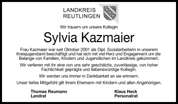 Anzeige von Sylvia Kazmaier von Reutlinger Generalanzeiger