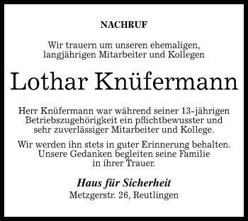 Anzeige von Lothar Knüfermann von Reutlinger Generalanzeiger