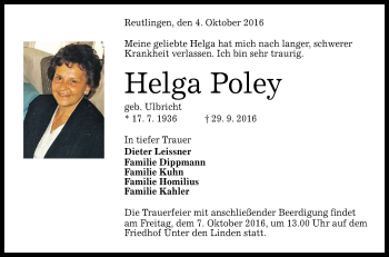 Anzeige von Helga Poley von Reutlinger Generalanzeiger