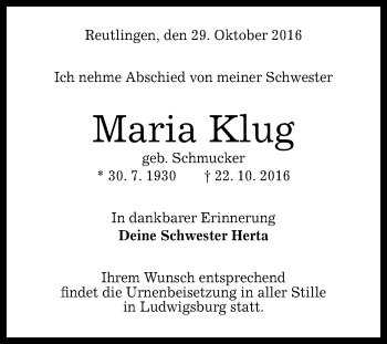 Anzeige von Maria Klug von Reutlinger Generalanzeiger