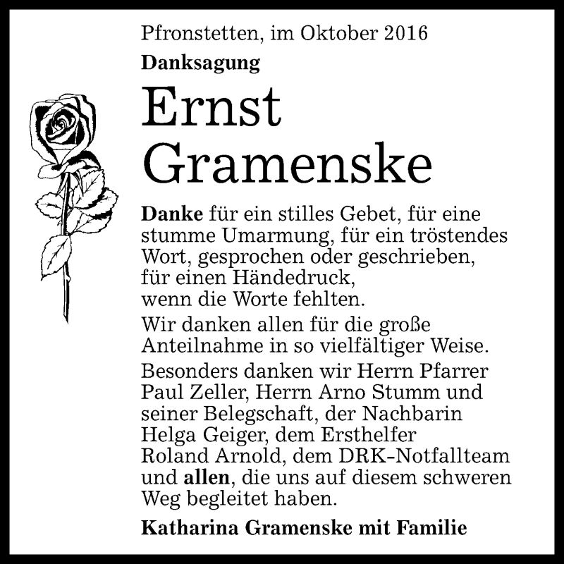  Traueranzeige für Ernst Gramenske vom 15.10.2016 aus Reutlinger Generalanzeiger