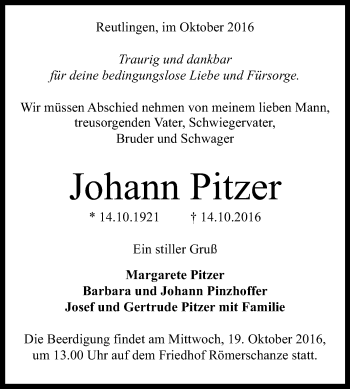 Anzeige von Johann Pitzer von Reutlinger Generalanzeiger