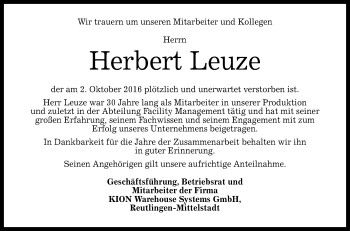 Anzeige von Herbert Leuze von Reutlinger Generalanzeiger