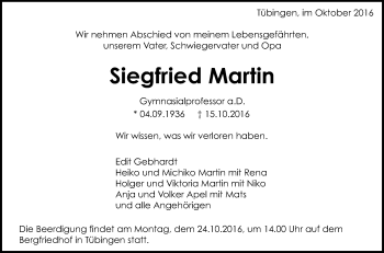 Anzeige von Siegfried Martin von Reutlinger Generalanzeiger