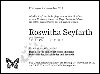 Anzeige von Roswitha Seyfarth von Reutlinger Generalanzeiger