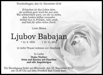 Anzeige von Ljubov Babajan von Reutlinger Generalanzeiger