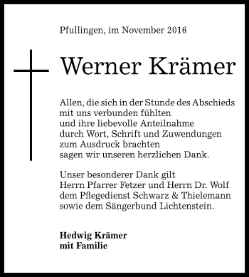 Anzeige von Werner Krämer von Reutlinger Generalanzeiger