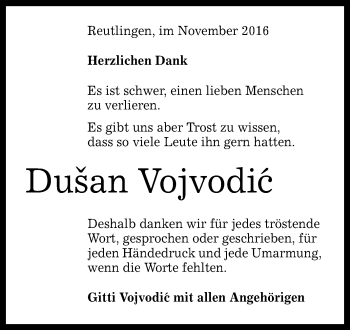 Anzeige von Dusan Vojvodic von Reutlinger Generalanzeiger