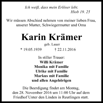 Anzeige von Karin Krämer von Reutlinger Generalanzeiger