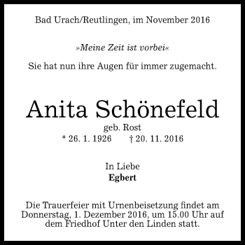 Anzeige von Anita Schönefeld von Reutlinger Generalanzeiger