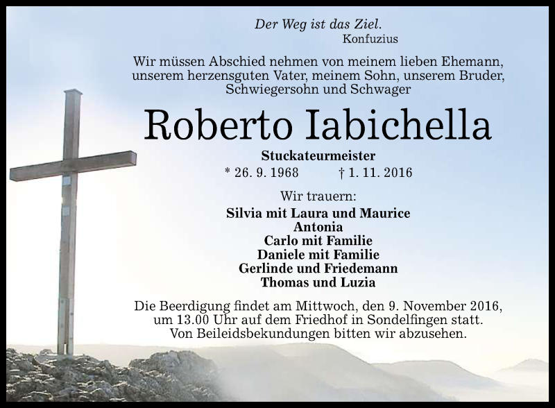  Traueranzeige für Roberto Iabichella vom 05.11.2016 aus Reutlinger Generalanzeiger