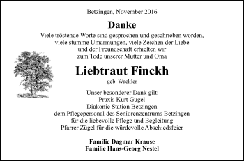 Anzeige von Liebtraut Finckh von Reutlinger Generalanzeiger